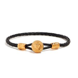 Versace Black Braided Leather Gold Color Medusa Head Bracelet sz XL